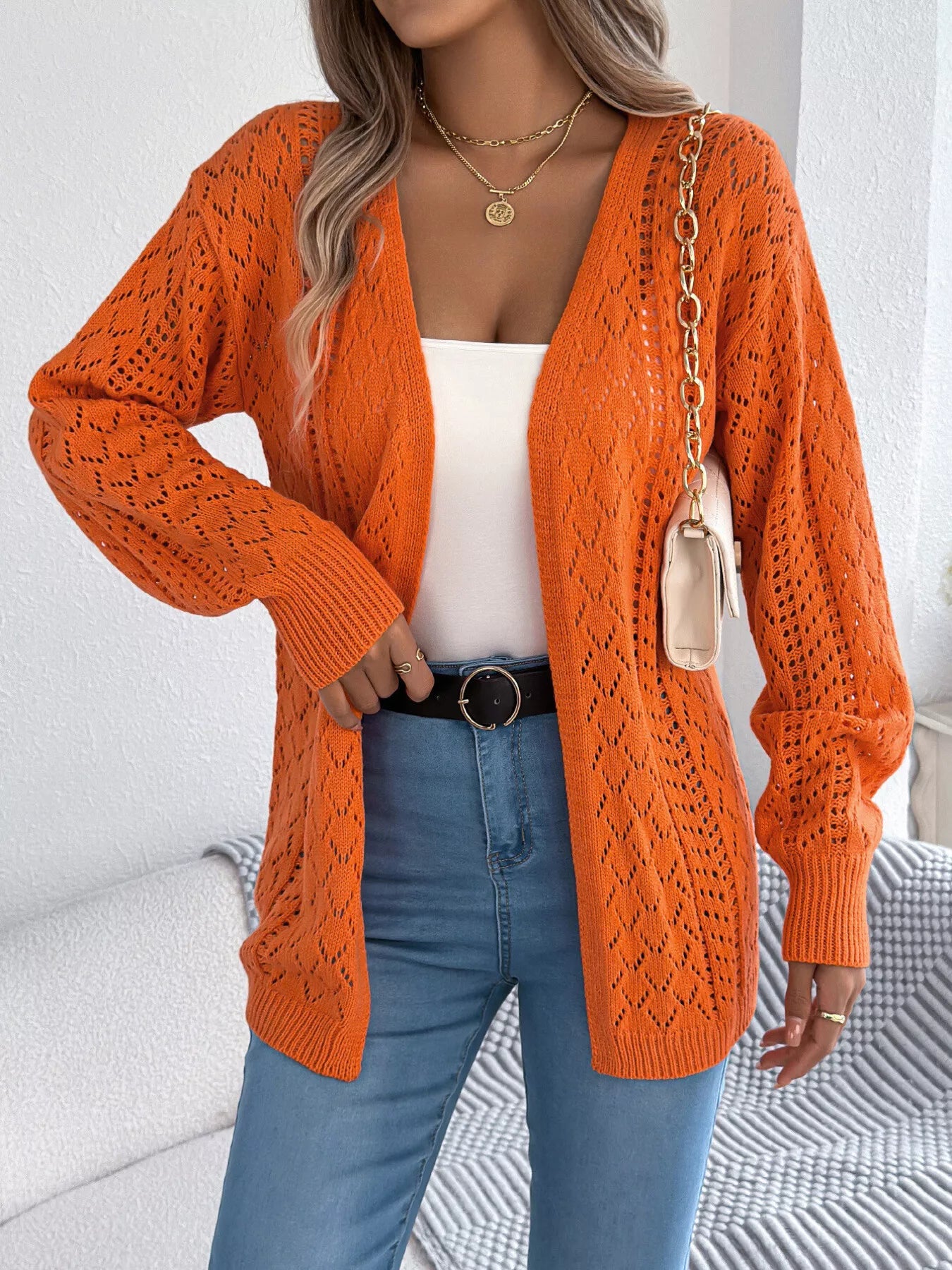 Openwork Open-Front Long Sleeve Cardigan - Tigbul's Variety Fashion Shop