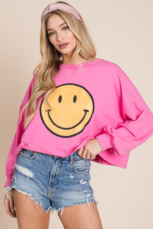 SMILEY FACE LONG SLEEVE CROP TOP - Tigbul's Variety Fashion Shop