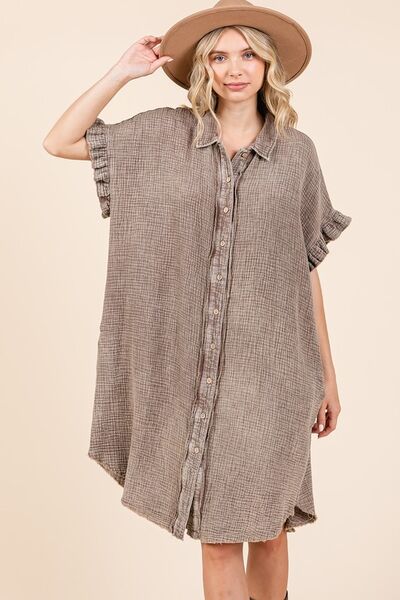 Toffee Color Mineral Wash Cotton Gauze Mini Shirt Dress - Tigbul's Variety Fashion Shop