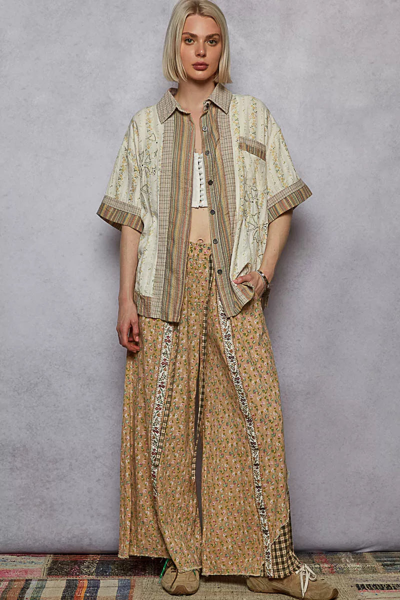 POL Printed Button Down Patchwork Short Sleeve Shirt - Tigbul's Variety Fashion Shop