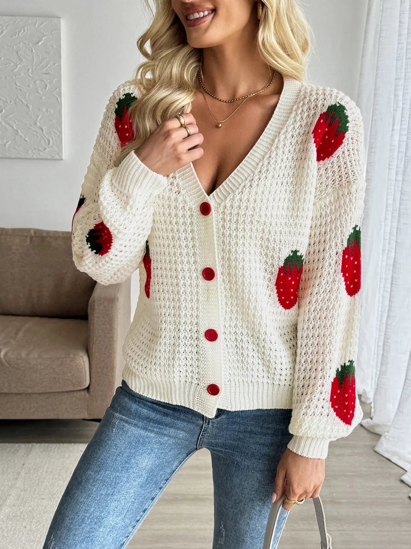 Strawberry Pattern V-Neck Button-Up Cardigan - Tigbul's Variety Fashion Shop