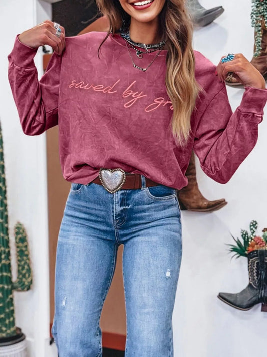 Saved By Grace Letter Embroidery Mineral Wash Loose Sweatshirt - Tigbul's Variety Fashion Shop