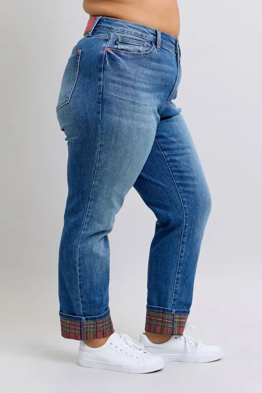 Judy Blue Full Size Mr Plaid Print Cuff Bf Jeans Plus Size - Tigbul's Variety Fashion Shop