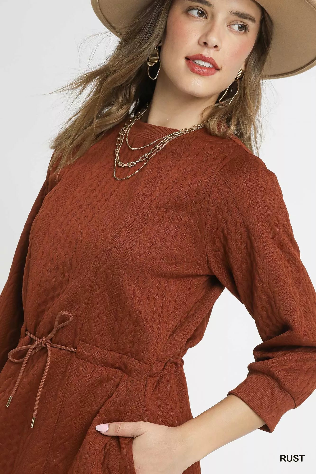 Rust Color Drawstring Cable Knit Mini Dress with Pockets - Tigbul's Variety Fashion Shop