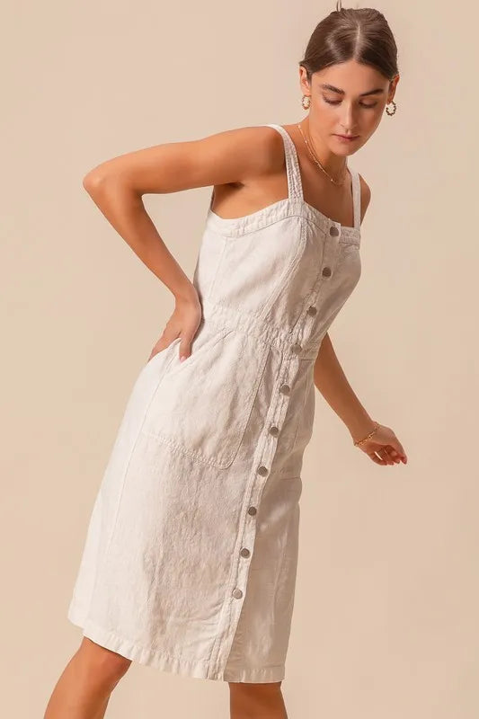 Button Down Pocket Front Off White Pinafore Dress - Tigbul's Variety Fashion Shop