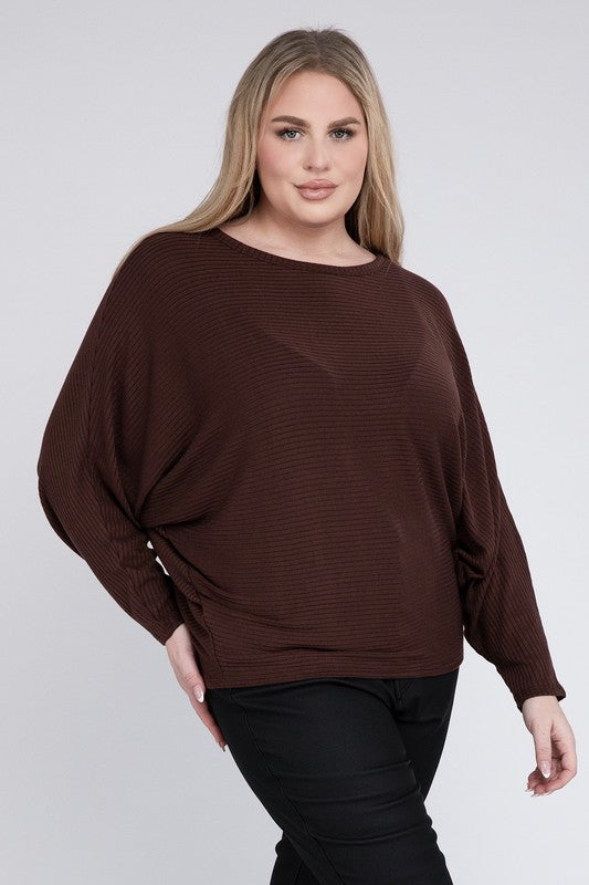 Plus Ribbed Batwing Long Sleeve Boat Neck Sweater - Tigbul's Variety Fashion Shop