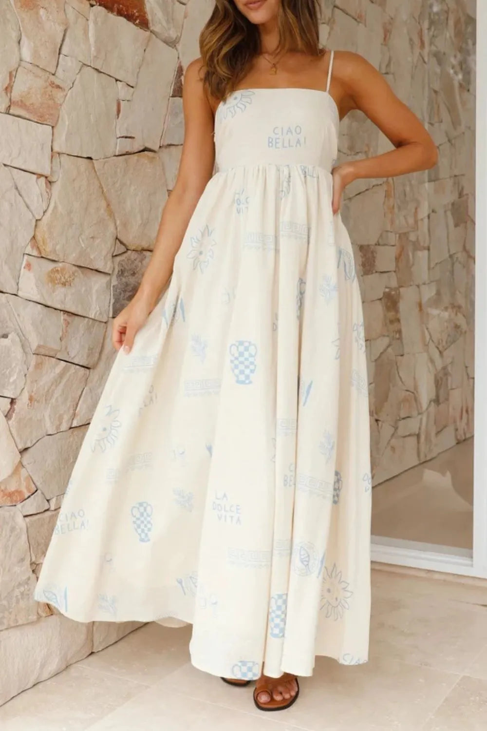 Cutout Back Printed Square Neck Maxi Cami Dress - Tigbul's Variety Fashion Shop