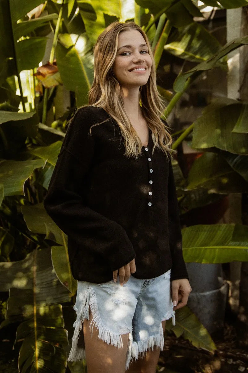 BiBi V Neck Sweater Top With Button Details - Tigbul's Variety Fashion Shop