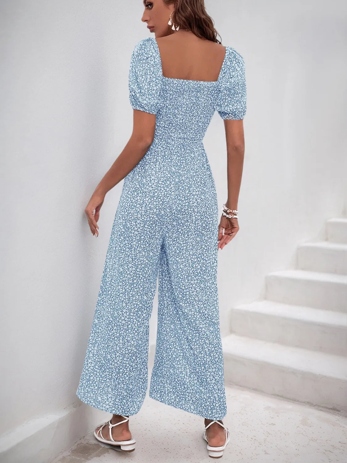Printed Square Neck Puff Sleeve Jumpsuit - Tigbul's Variety Fashion Shop
