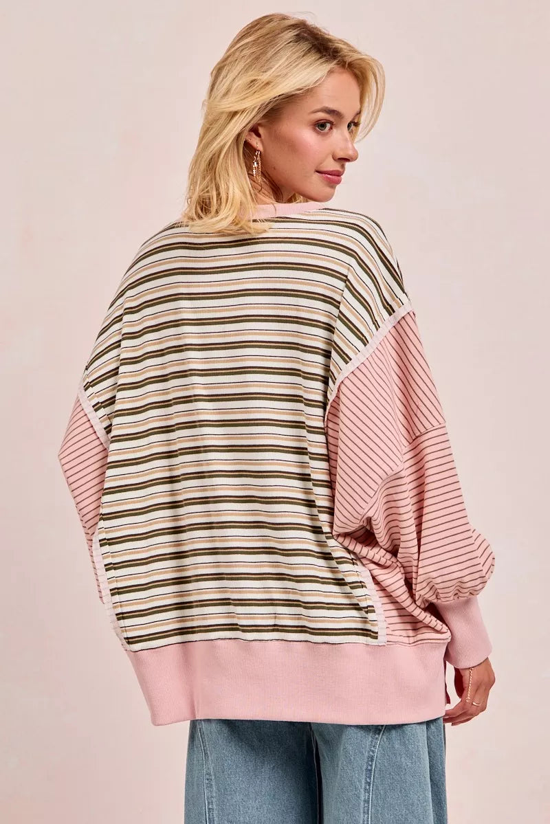 BiBi Stripe Mixed Top With Cut Edge And Reverse Outseam - Tigbul's Variety Fashion Shop
