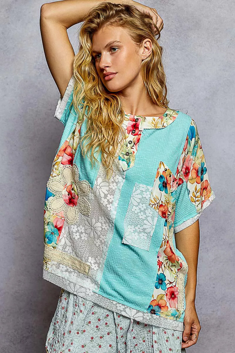 POL Lace Round Neck Short Sleeve Floral Pattern Top with Patch Detail - Tigbul's Variety Fashion Shop
