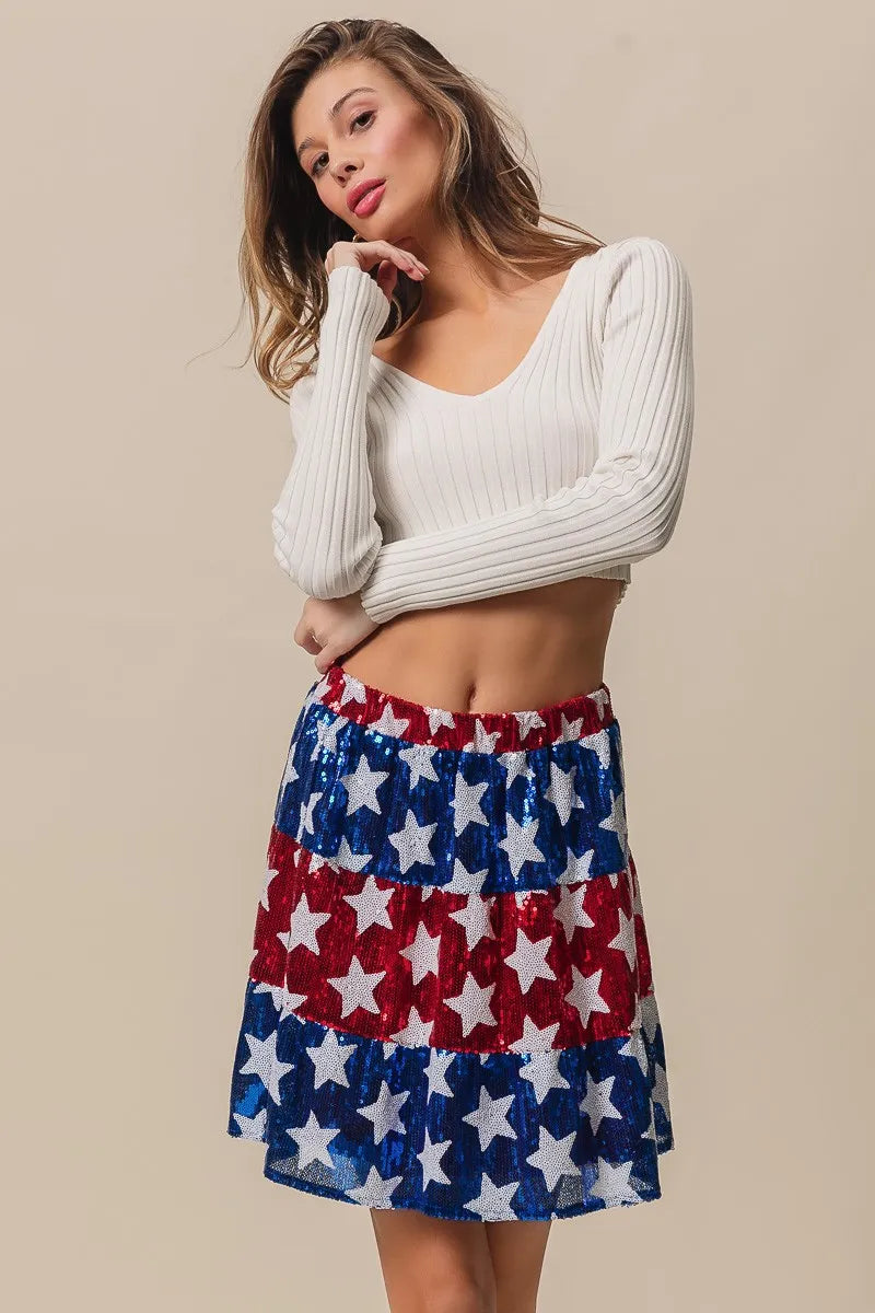 American Flag Theme Star Sequin Tiered Skirt - Tigbul's Variety Fashion Shop
