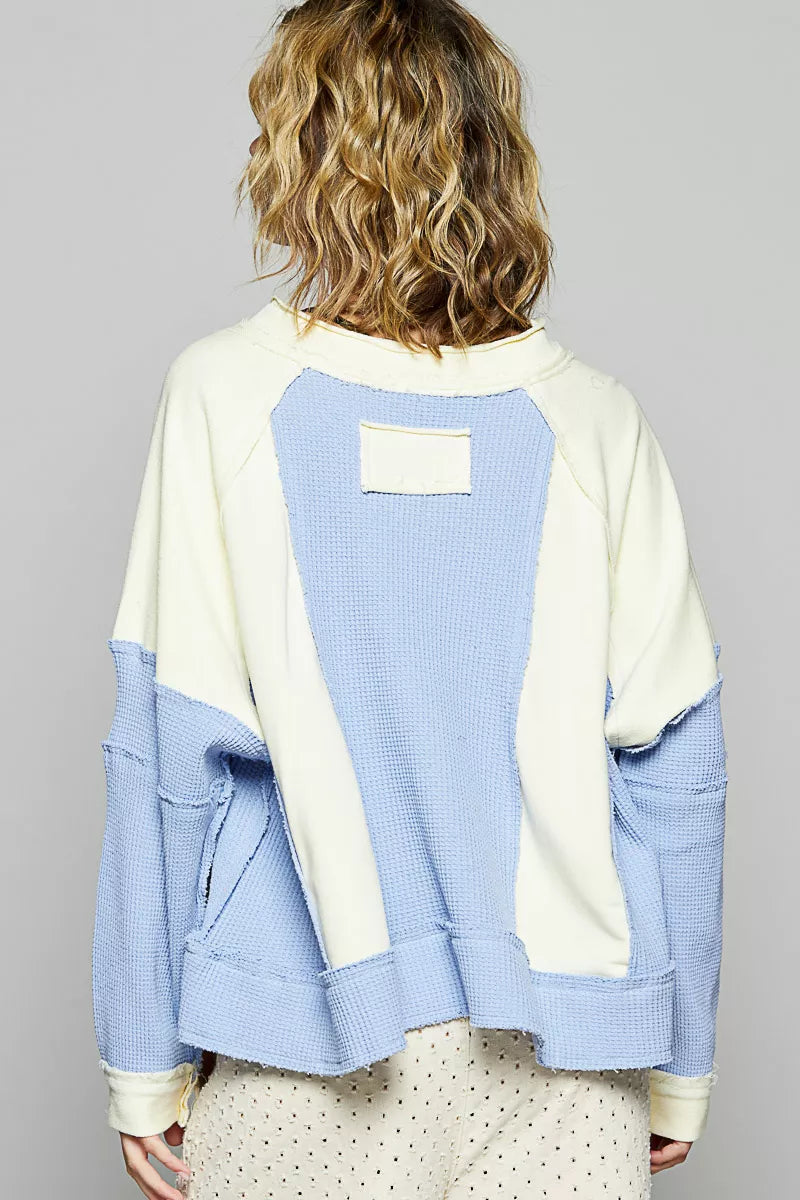 POL Color Block Waffle Knit Raw Hem Sweatshirt - Tigbul's Variety Fashion Shop