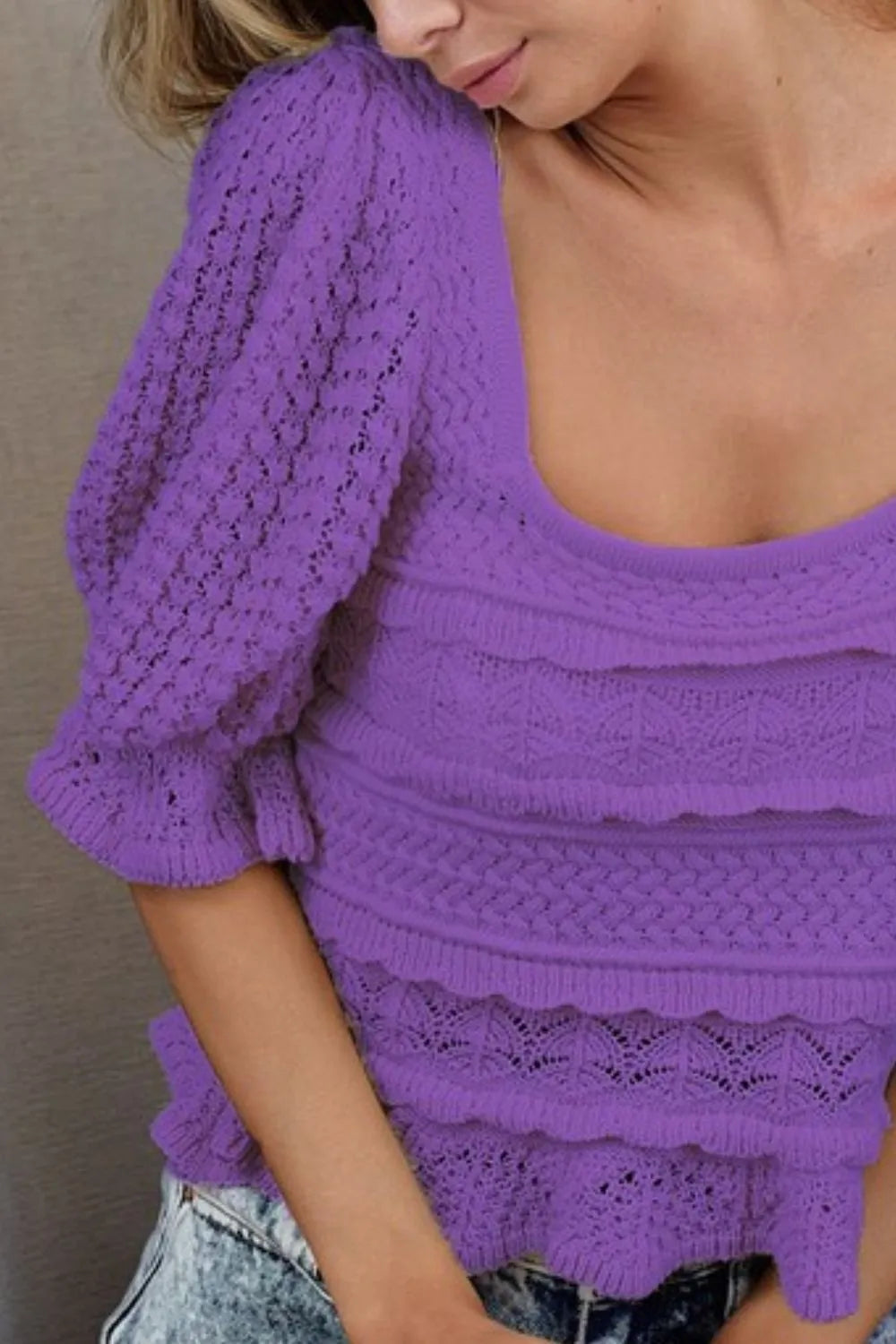 Lavender Square Neckline with Puff Sleeve Crochet Top - Tigbul's Variety Fashion Shop