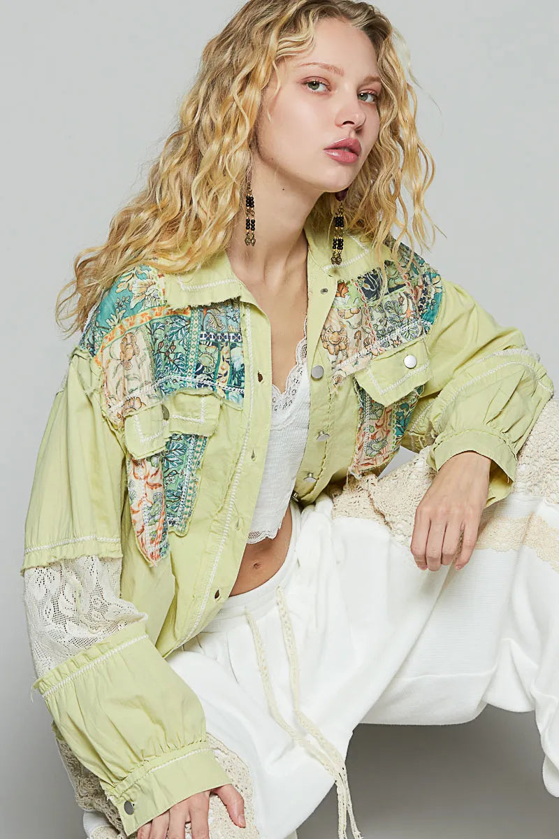 POL Printed Woven Mix Raw Hem Jacket with Lace Detail - Tigbul's Variety Fashion Shop