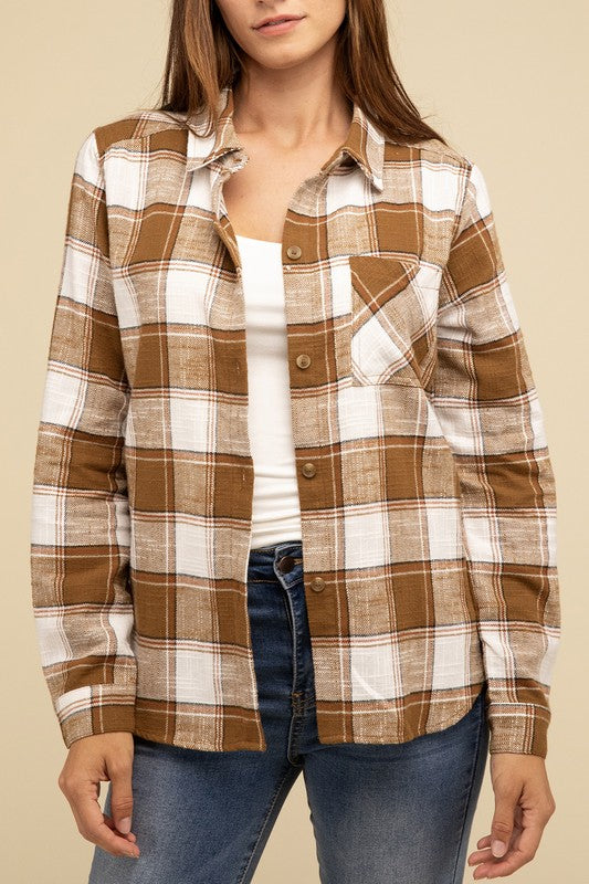 Cotton Plaid Shacket With Front Pocket - Tigbul's Variety Fashion Shop