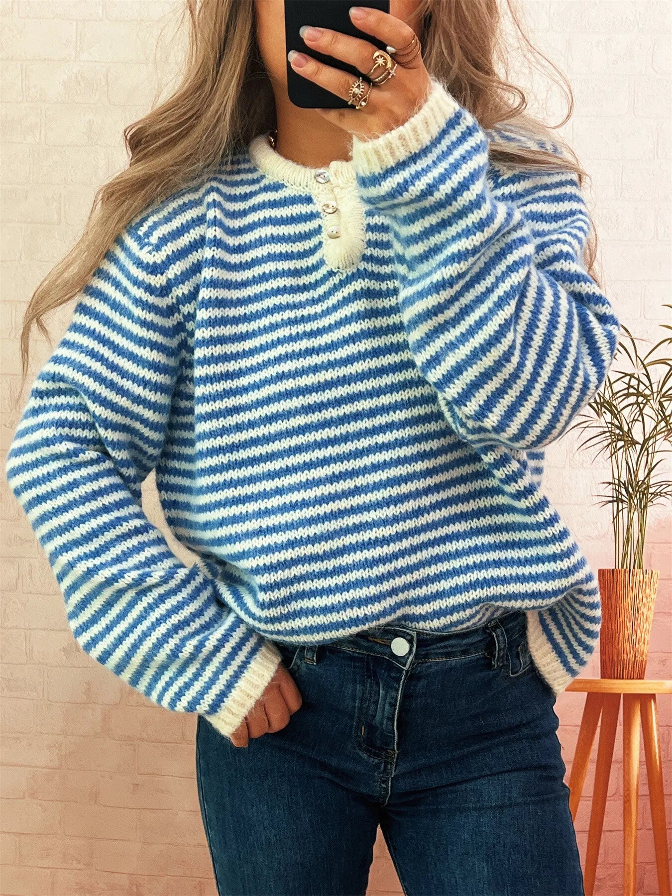 Striped Button Detail Long Sleeve Sweater - Tigbul's Variety Fashion Shop