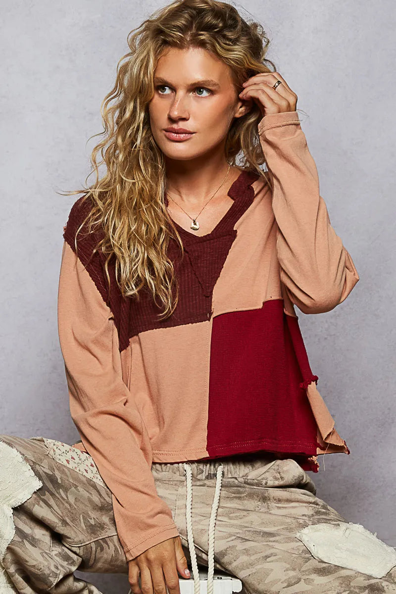 POL Color Block Notched Long Sleeve T-Shirt - Tigbul's Variety Fashion Shop