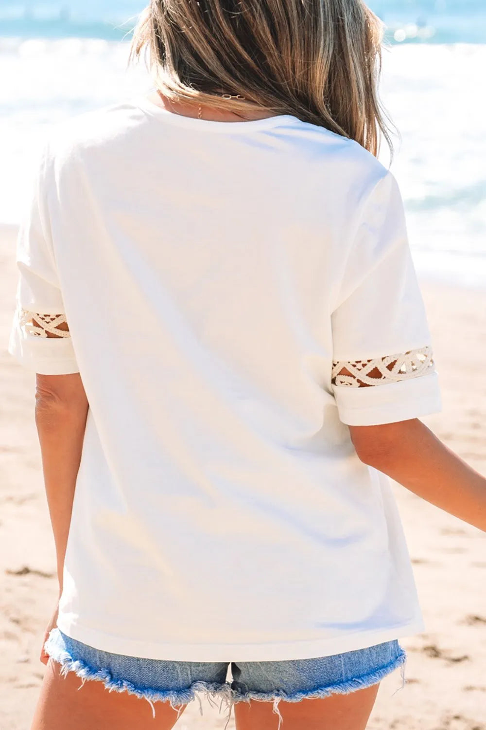 White Lace Crochet Crew Neck Casual T Shirt - Tigbul's Variety Fashion Shop