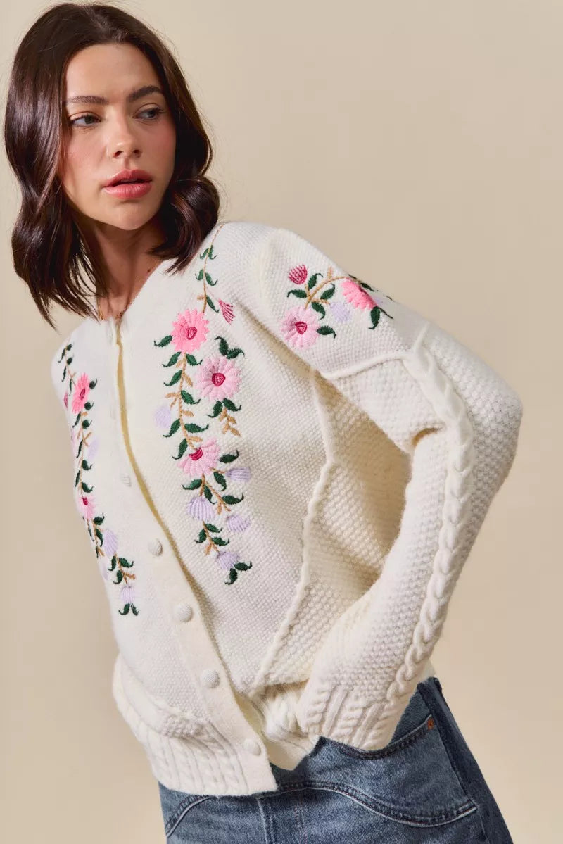 SO ME Floral Embroidered Coquette Sweater Cardigan - Tigbul's Variety Fashion Shop