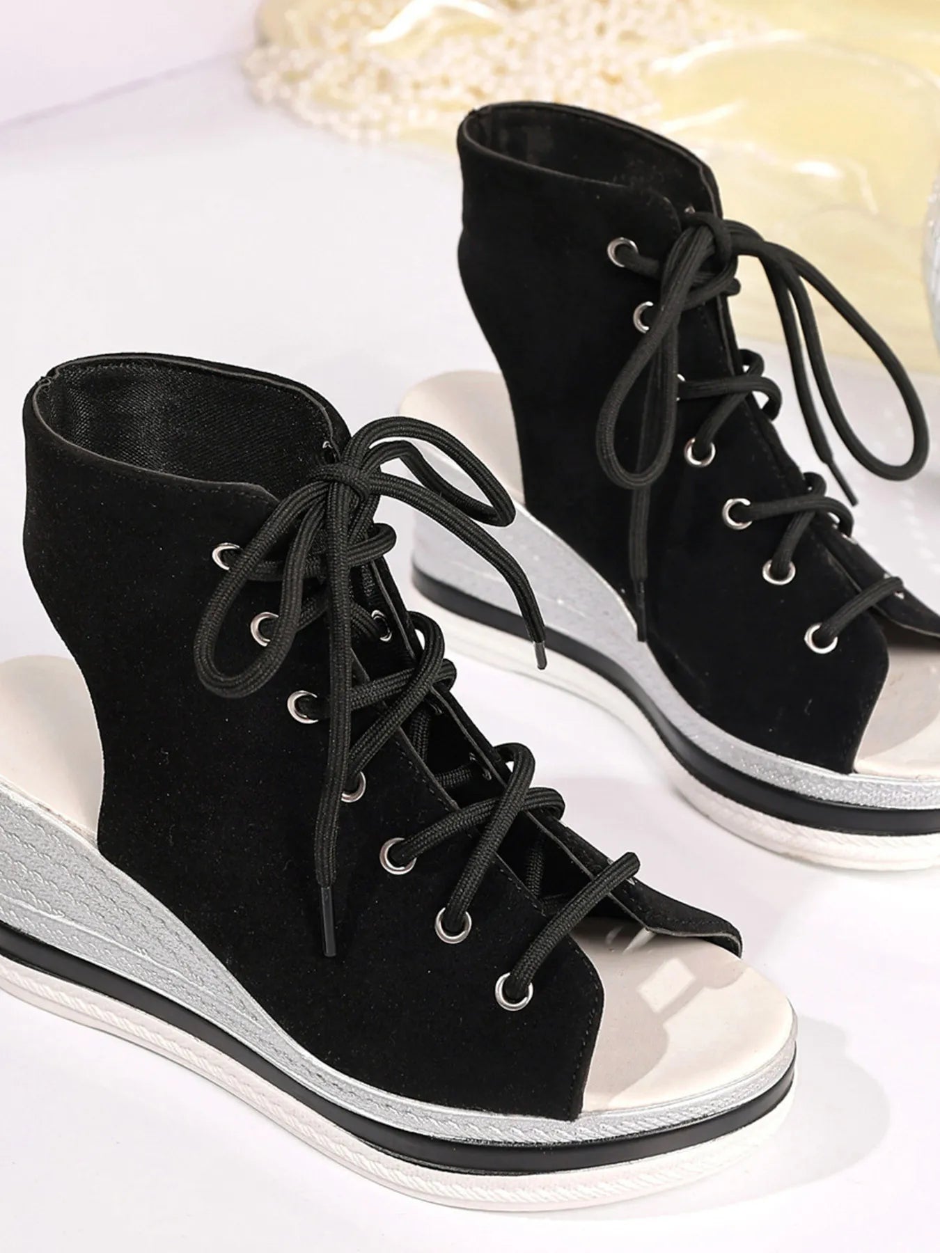 Lace Up Open Toe Wedge Sandals - Tigbul's Variety Fashion Shop