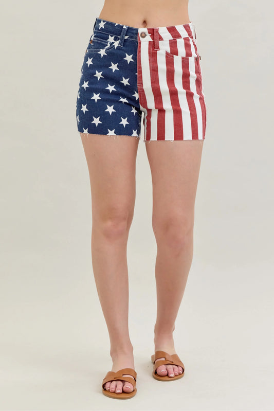 Judy Blue Full Size High Waist Americana Flag Fray Hem Shorts Plus Size - Tigbul's Variety Fashion Shop