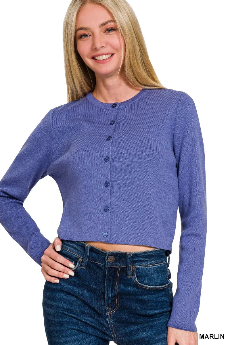 Zenana Button-Front Crewneck Long Sleeve Cropped Cardigan - Tigbul's Variety Fashion Shop