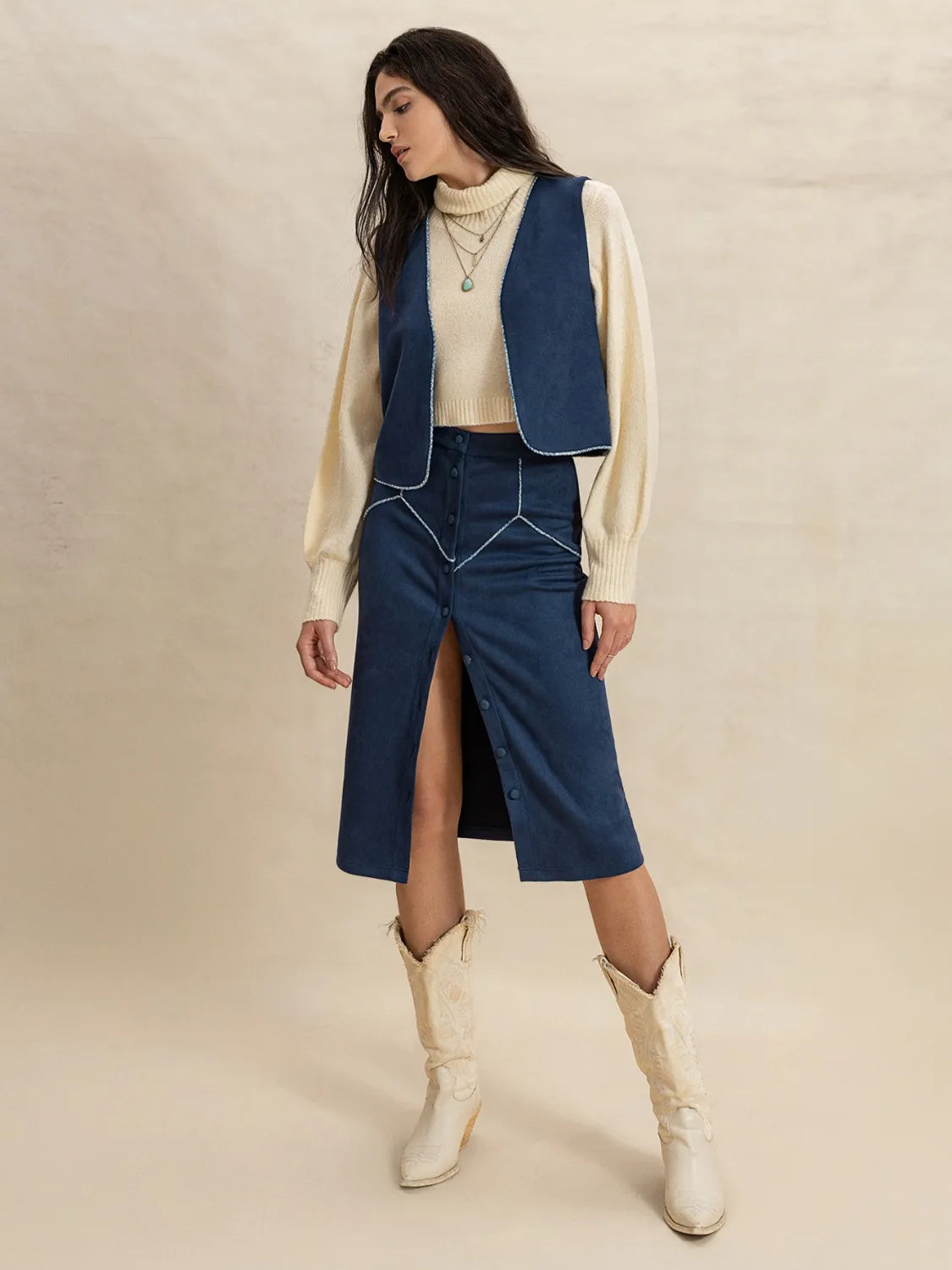 Open Front Vest and Buttoned Skirt Set - Tigbul's Variety Fashion Shop