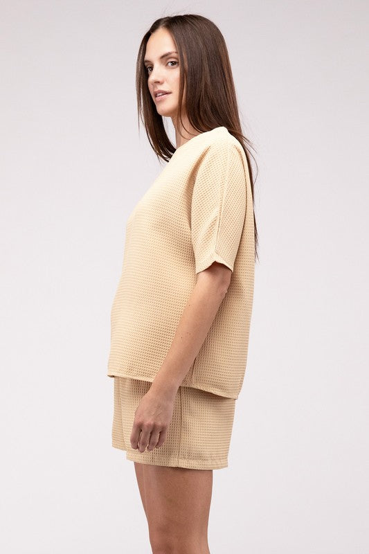 Waffle Round Neck Top and Short Set - Tigbul's Variety Fashion Shop
