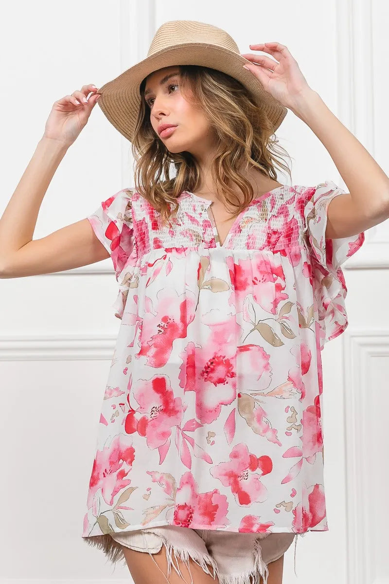 BiBi Floral Print Flutter Sheer Top - Tigbul's Variety Fashion Shop