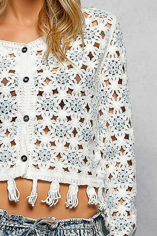 Off White, Blue Openwork Floral Crochet Cardigan with Tassel Hem | Tigbuls