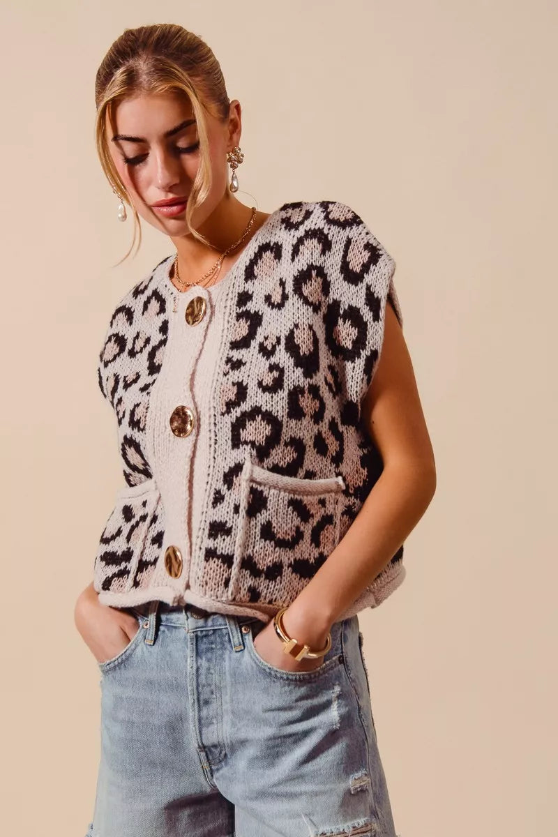 SO ME Big Metal Button Front Leopard Sweater Vest Top - Tigbul's Variety Fashion Shop