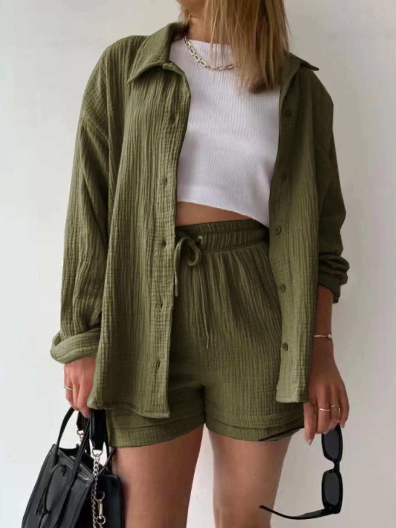 Textured Button Up Shirt and Shorts Set - Tigbul's Variety Fashion Shop