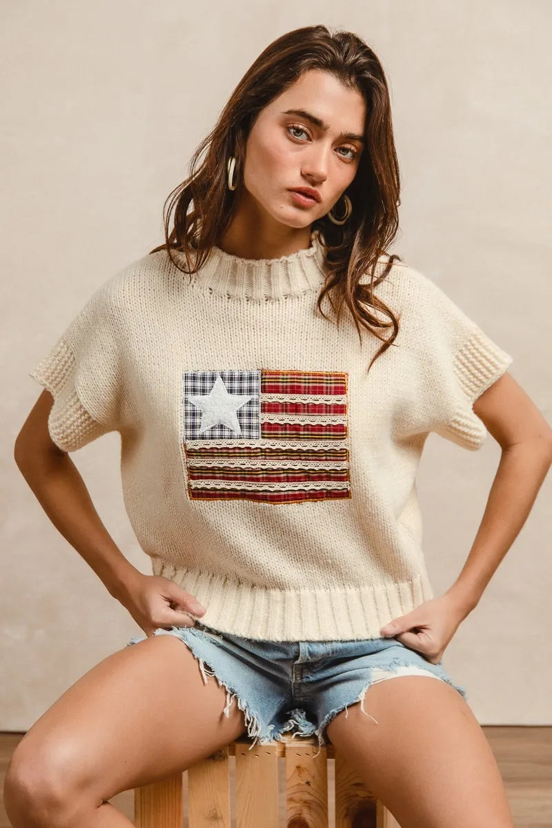 BiBi American Flag Patchwork Drop Shoulder Sweater - Tigbul's Variety Fashion Shop