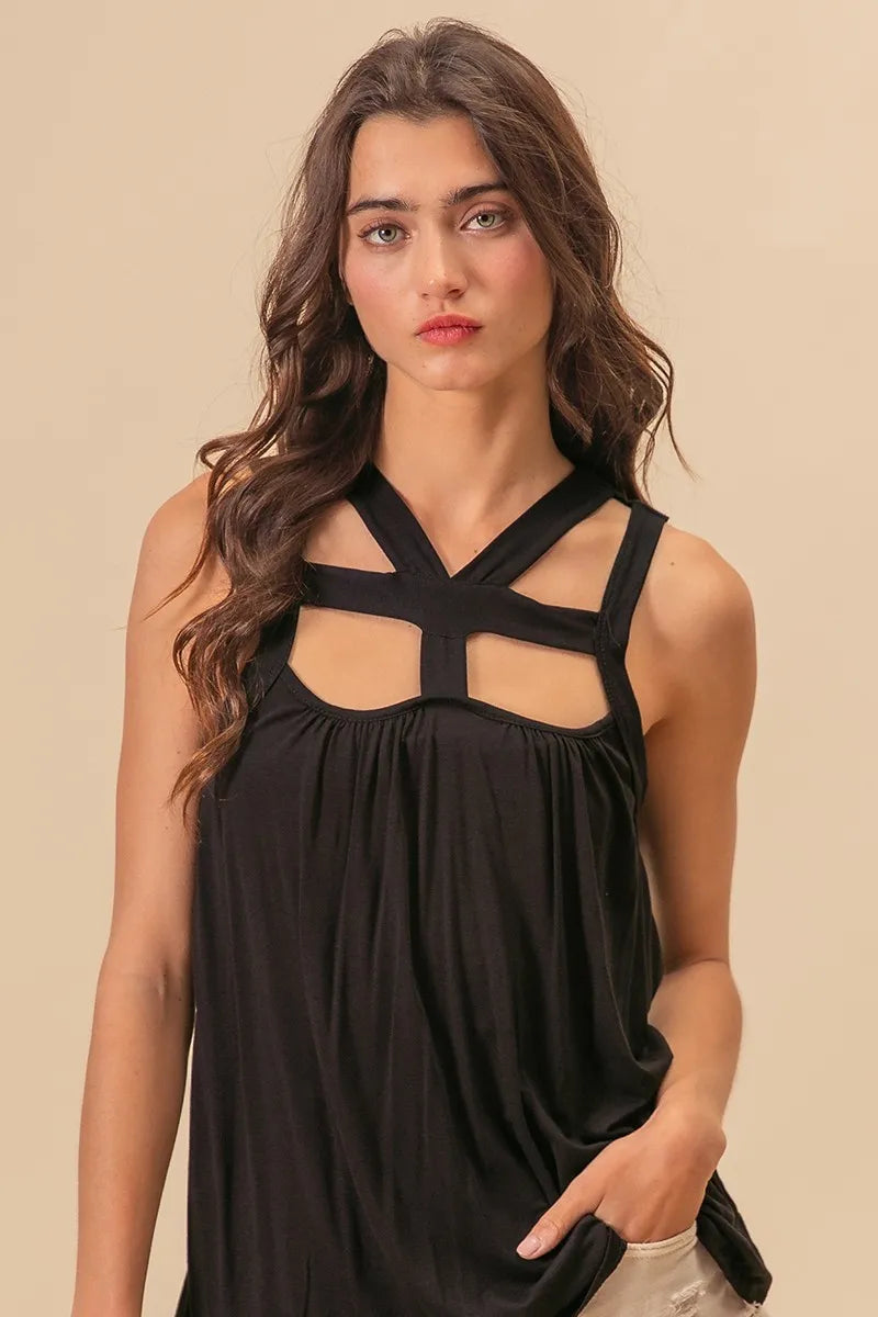 Black Rayon Span Jersey Cut Out with Straps Detailed - Tigbul's Variety Fashion Shop