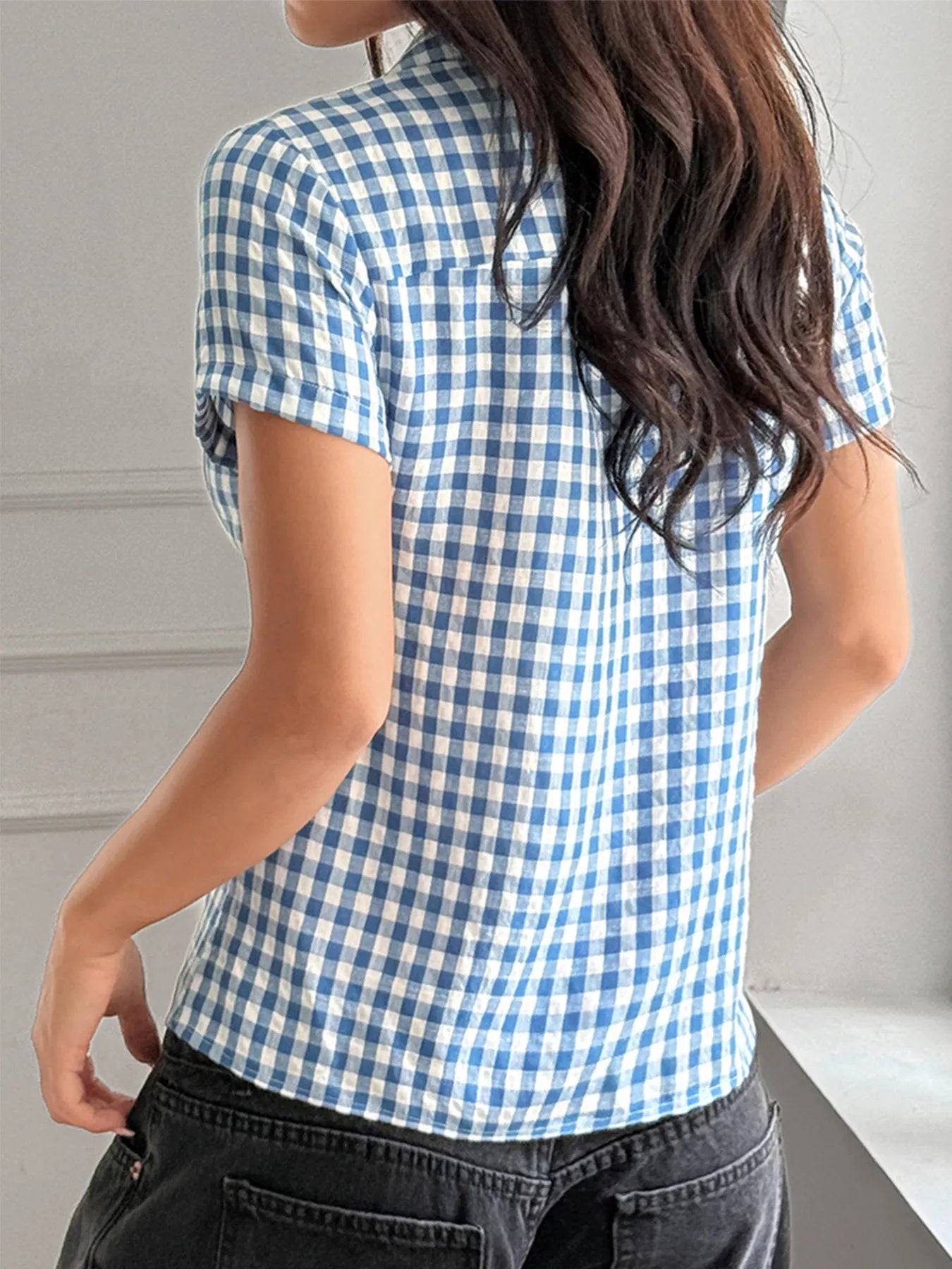 Gingham Check Short Sleeve Button-Up Shirt - Tigbul's Variety Fashion Shop