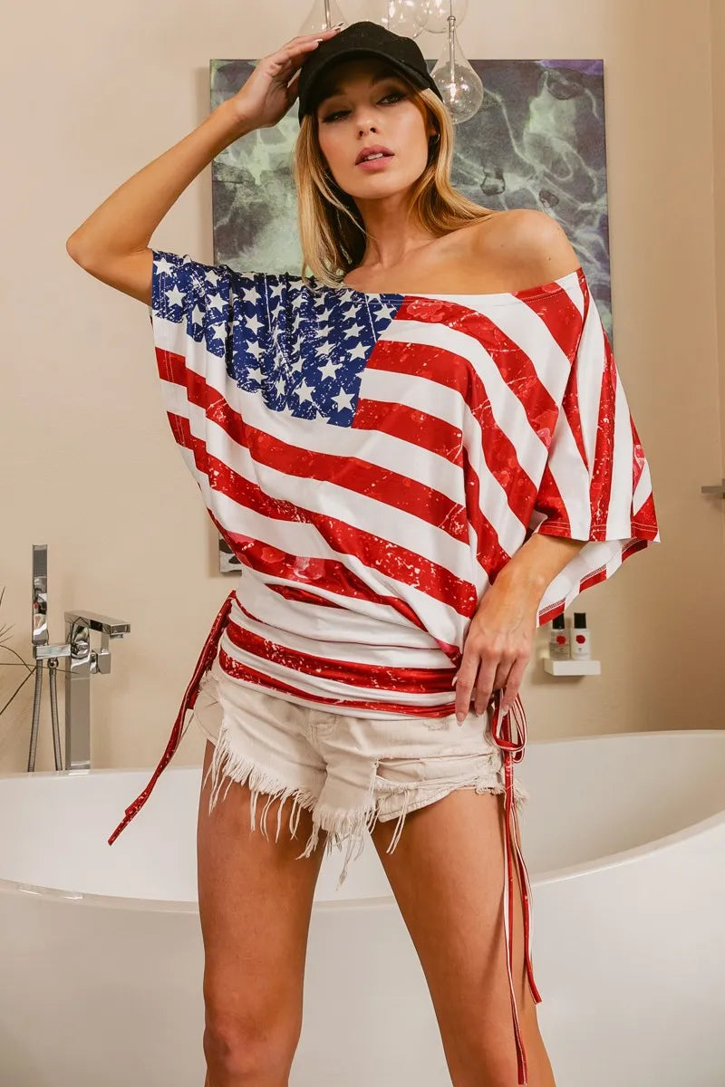 American Flag Printed Side Ruched Details Knit Top - Tigbul's Variety Fashion Shop
