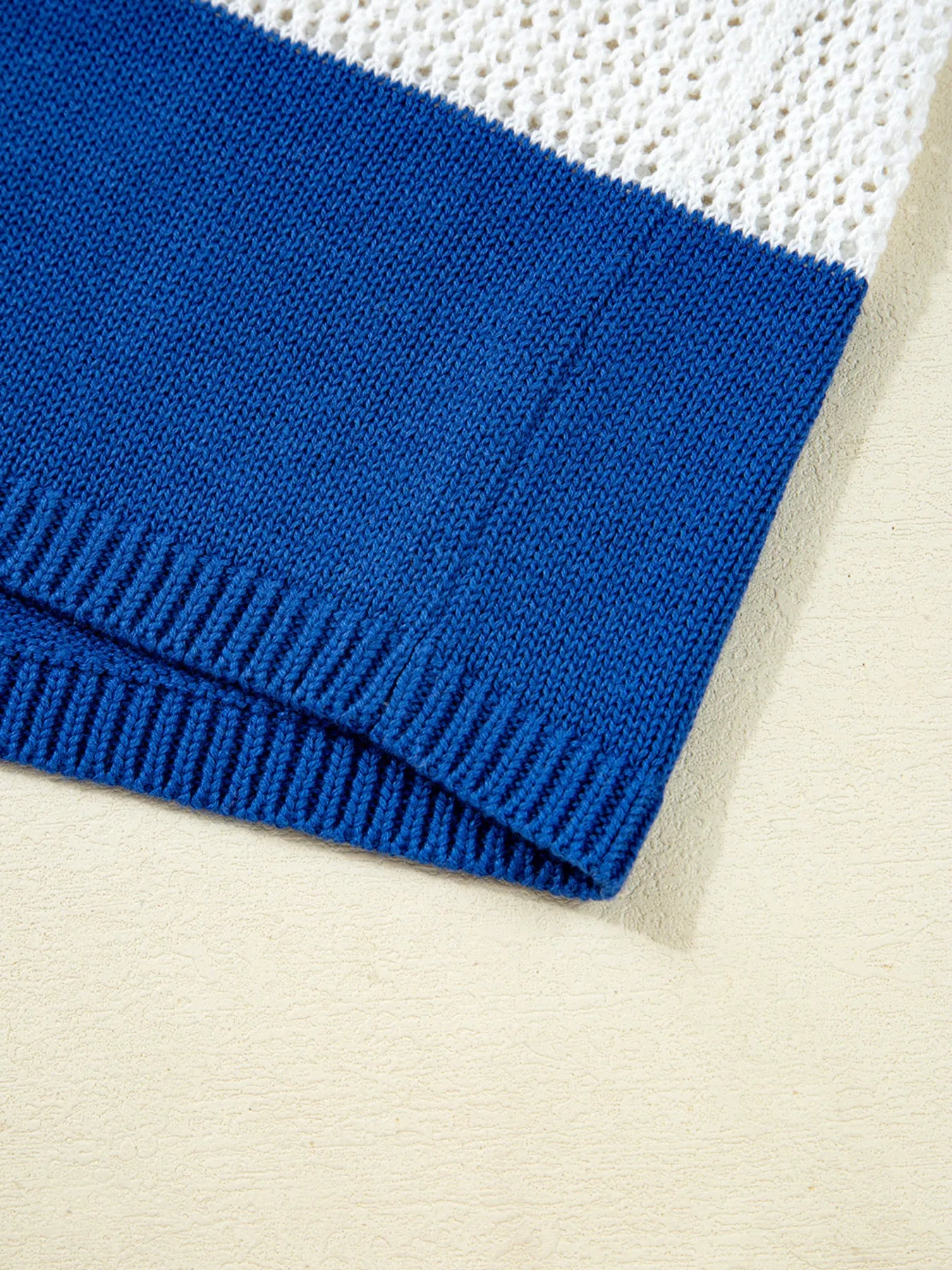 Stripe Colorblock Polo Collar Crochet Knitted Cover Up - Tigbul's Variety Fashion Shop