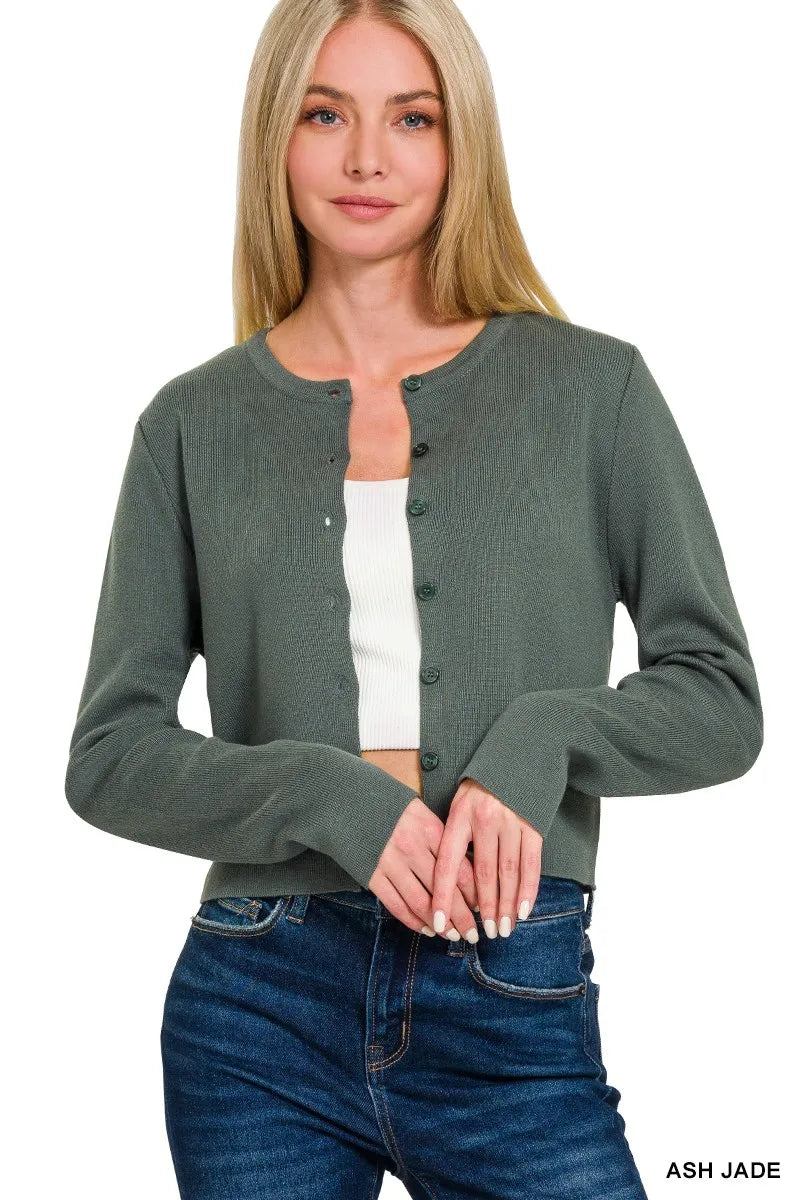 Zenana Button-Front Crewneck Long Sleeve Cropped Cardigan - Tigbul's Variety Fashion Shop