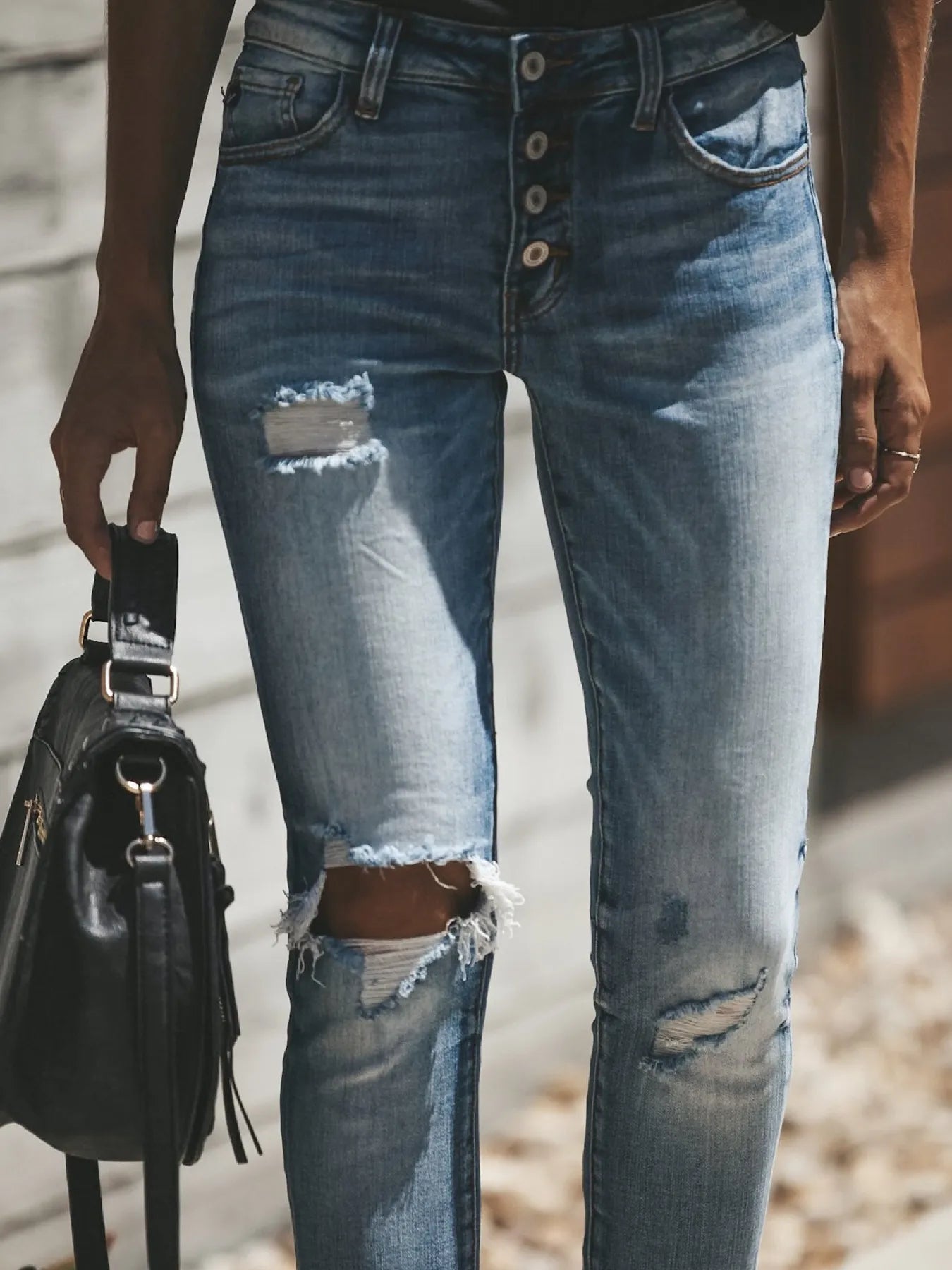 Distressed Button-Fly Skinny Jeans - Tigbul's Variety Fashion Shop