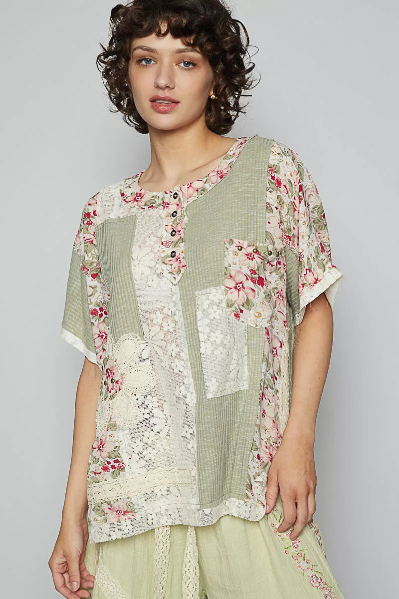 POL Lace Round Neck Short Sleeve Floral Pattern Top with Patch Detail - Tigbul's Variety Fashion Shop