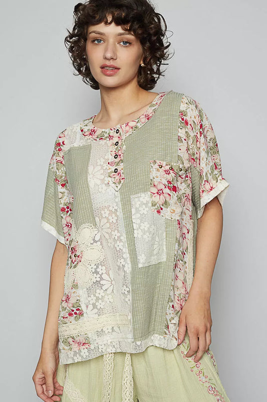 POL Lace Round Neck Short Sleeve Floral Pattern Top with Patch Detail - Tigbul's Variety Fashion Shop