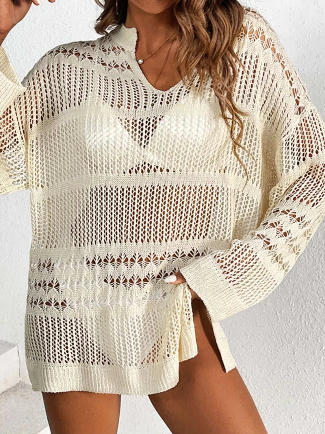 Openwork Notched Long Sleeve Knit Cover Up - Tigbul's Variety Fashion Shop