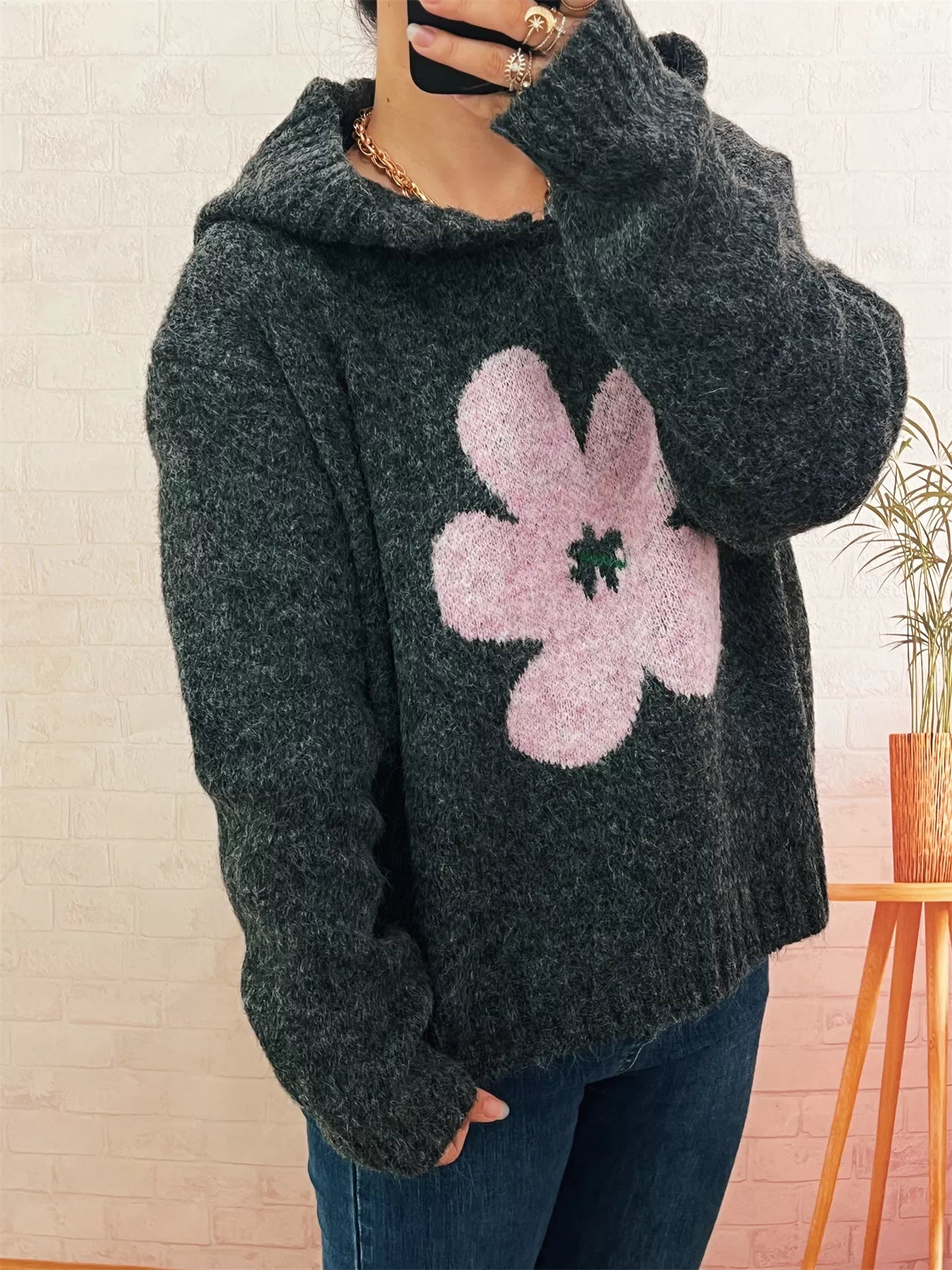 Flower Long Sleeve Hooded Sweater - Tigbul's Variety Fashion Shop