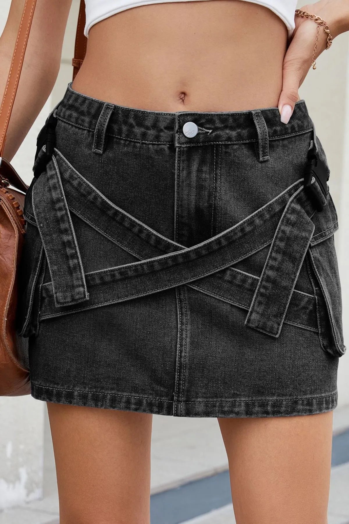 Criss-Cross Waist Detail Denim Mini Skirt - Tigbul's Variety Fashion Shop
