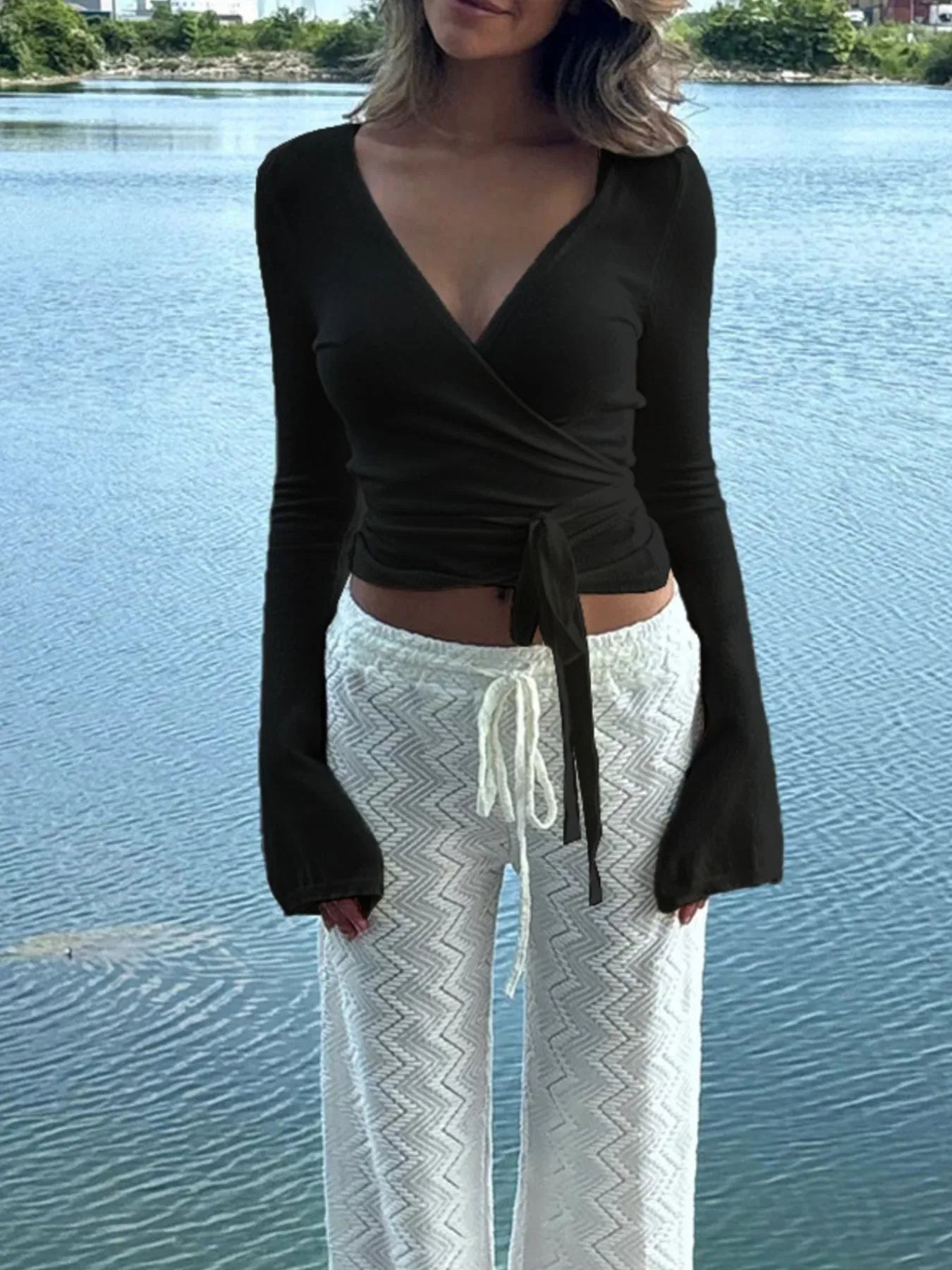 Surplice Long Sleeve Ruched Top - Tigbul's Variety Fashion Shop