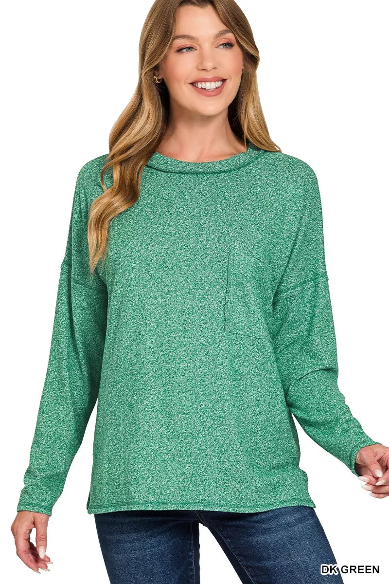 Zenana Soft Melange Hacci Round-Neck Long Sleeve T-Shirt - Tigbul's Variety Fashion Shop