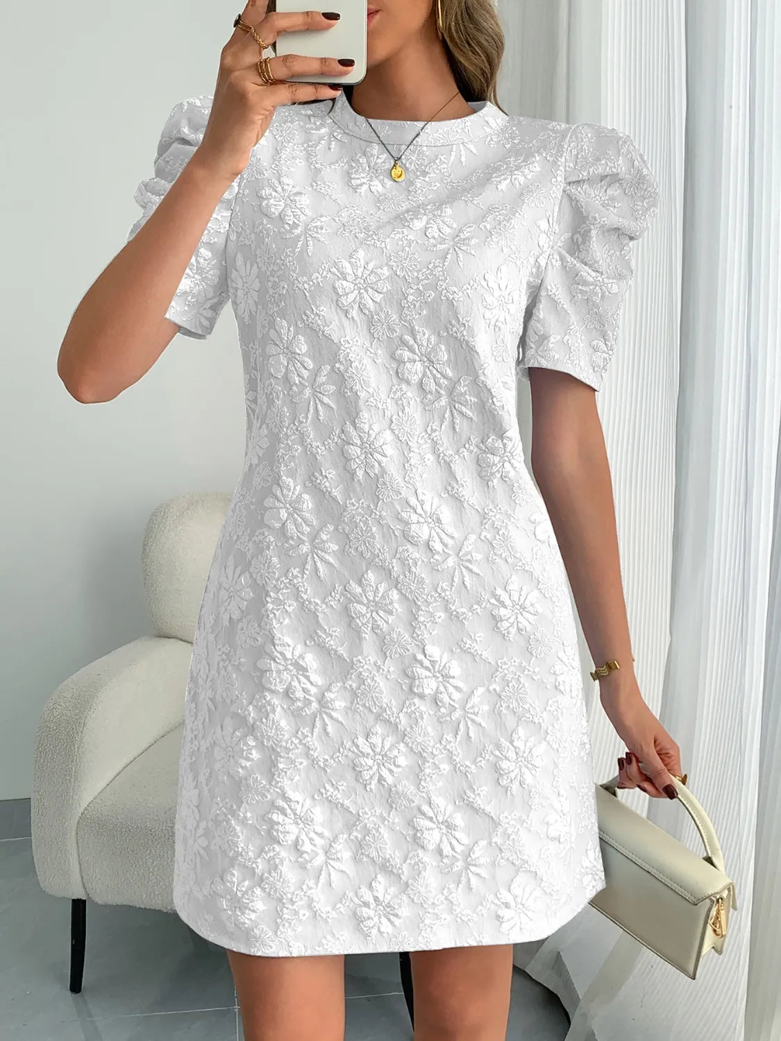 Round Neck Puff Short Sleeve Mini Dress - Tigbul's Variety Fashion Shop