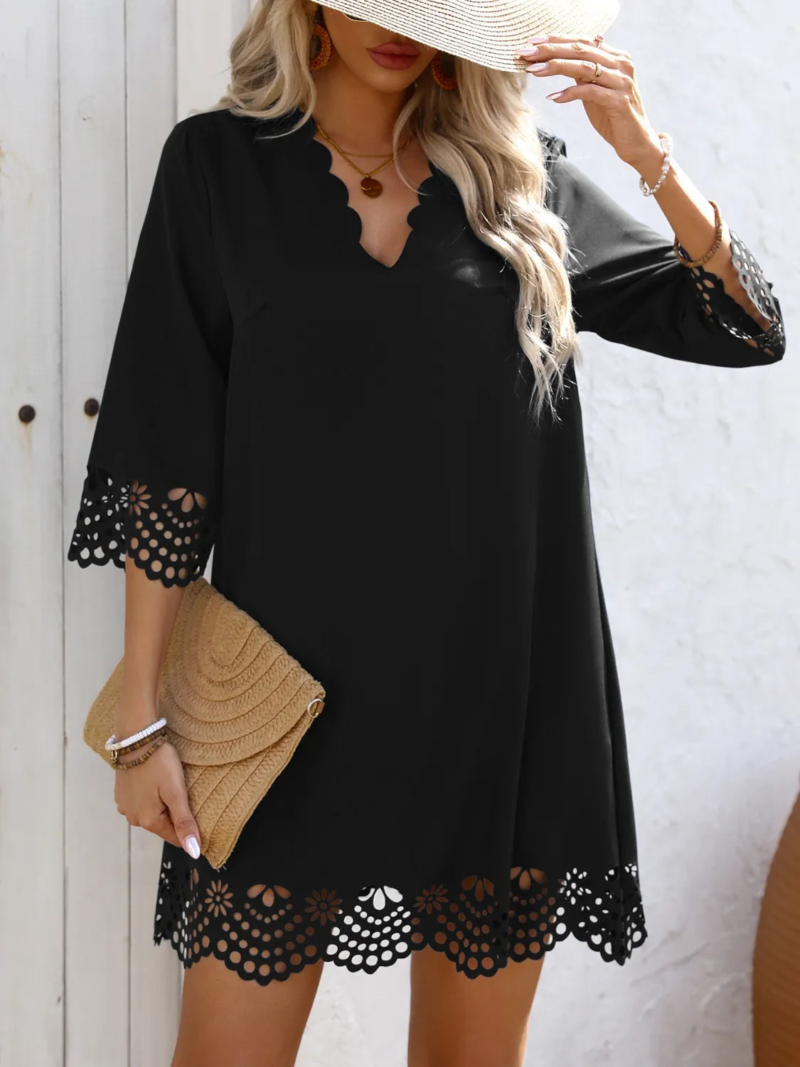 Cutout V-Neck Three-Quarter Sleeve Mini Dress - Tigbul's Variety Fashion Shop