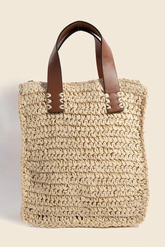 Ivory Faux Leather Handle Straw Braided Handbag - Tigbul's Variety Fashion Shop